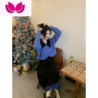 七斓茶里茶气春季学院小香风大码套女韩系软糯针织套装吊带连衣裙