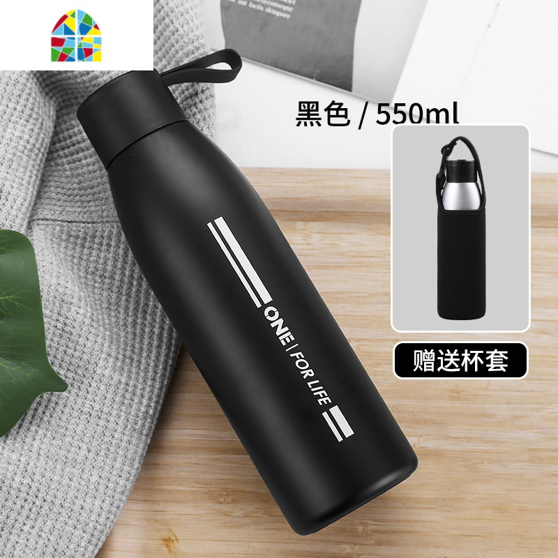 保温杯男士初中学生个性简约水杯女便携不锈钢韩版杯子创意潮流 FENGHOU 黑色+杯套
