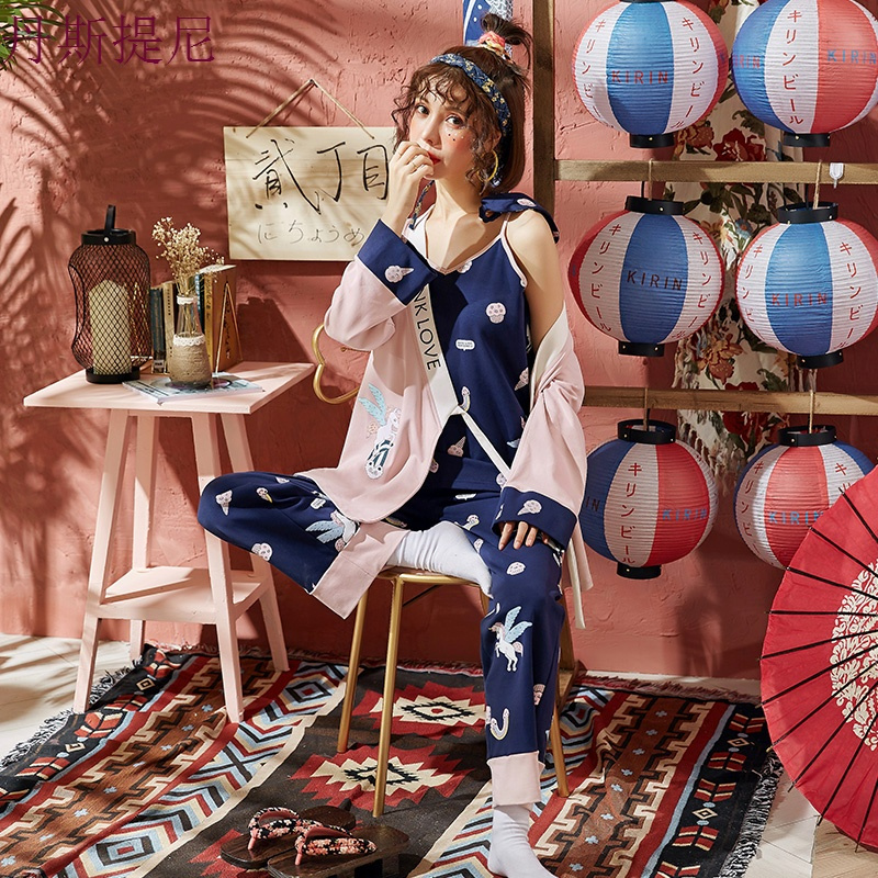 睡衣女春秋冬季长袖卡通可爱睡袍三件套日式和服家居服套装