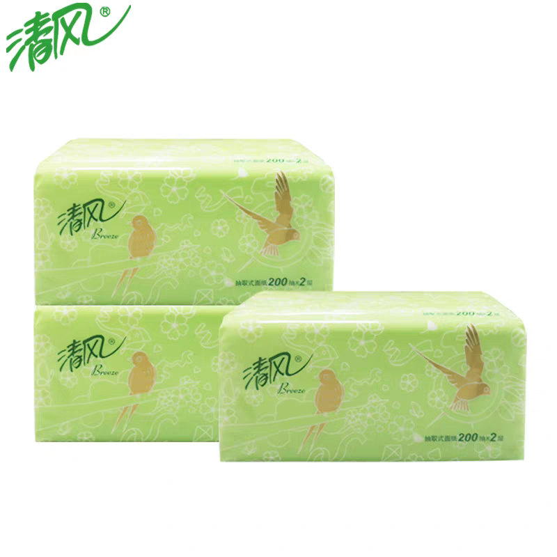 清风抽纸整箱淡绿花2层200抽3包面巾纸家用实惠装餐巾纸卫生纸巾高清大图