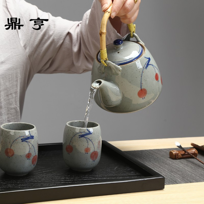 鼎亨大号泡茶壶手绘陶瓷复古青花提壶1000毫升壶餐厅饭店茶壶