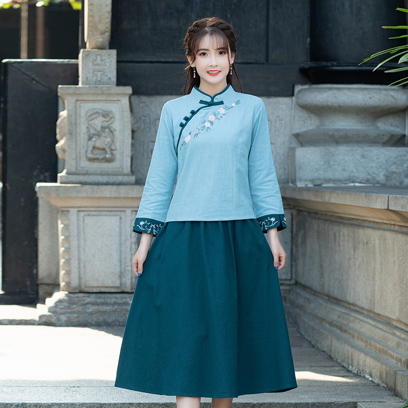 长袖改良旗袍上衣时尚唐装民国风学生套装中式茶艺服装茶服女