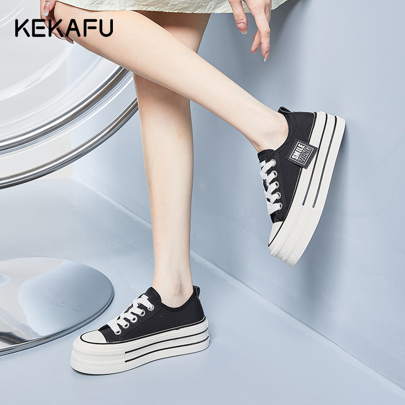 珂卡芙厚底帆布鞋女2024新款春秋松糕鞋运动休闲鞋女软底舒适板鞋