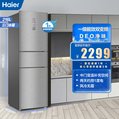 海尔(Haier)216升 三门冰箱 风冷双变频 1级能效 DEO净味 全温区变温 家用小冰箱 BCD-216WDPX