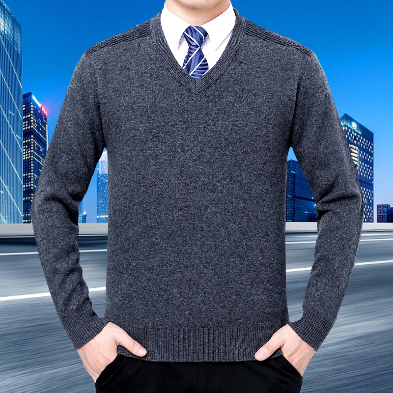 免费试穿 高端V领山羊绒衫男士加厚毛衣中年男士保暖针织衫100%纯羊毛套头毛衣男中年打底衫羊绒衫春秋季纯色毛衣男士羊绒衫 8r379中灰 170/84A