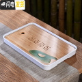 三维工匠功夫茶具简约茶盘家用储水日式圆形竹制密胺干泡托盘大小茶台 密胺中长方湖泊白茶盘36cm