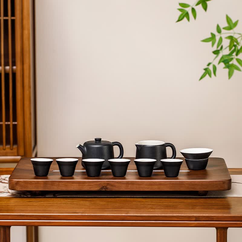 鸣盏 陶瓷功夫茶具套装德化陶瓷整套茶具家用办公茶盘便携套装 黑陶茶具十件套 MZ8011 ||