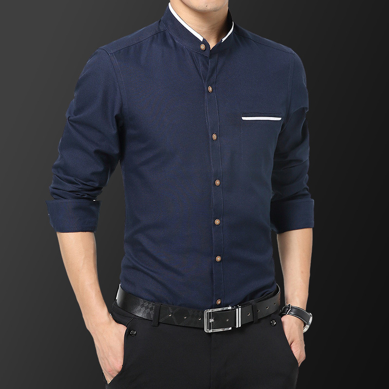 华中铭旗舰店四季免烫长袖衬衫男立领韩版潮流商务上衣工装帅气休闲