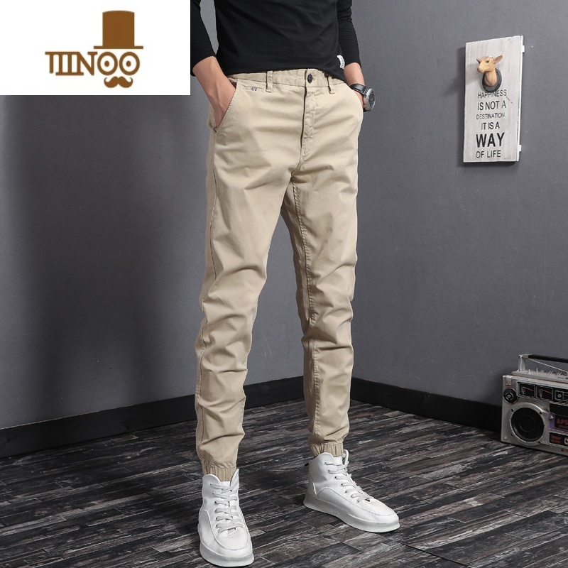 YANXU美式复古束脚潮牌休闲裤男修身小脚卡其百搭韩版潮流秋季男士裤子高清大图