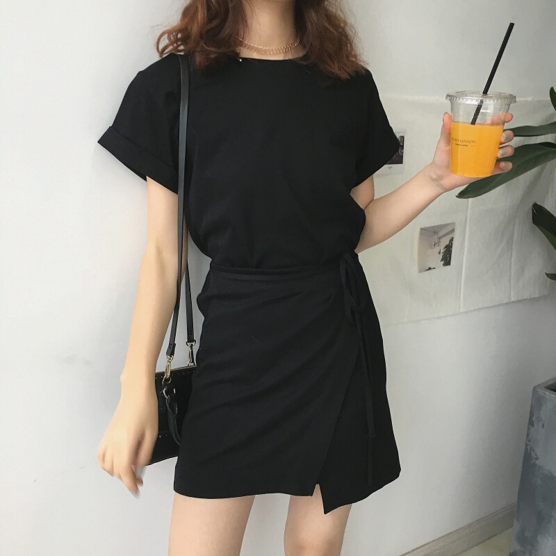 韩风Chic不规则拼接系带短袖连衣裙纯色套头休闲百搭连衣短裙 黑色 均码