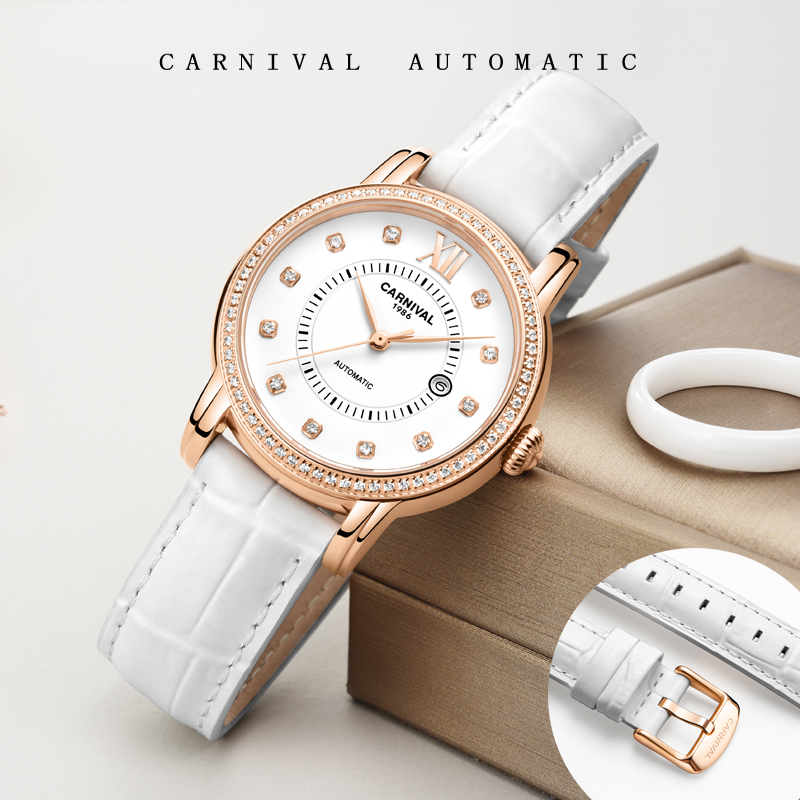 正品嘉年华Carnival瑞士品牌手表新款防水带日历全自动机械表 女士女表镶钻时尚气质简约腕表8062L高清大图