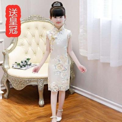 香槟色 旗袍 送皇冠 100 女童旗袍连衣裙夏季儿童礼服公主裙中国风古筝演出服女孩古装汉服