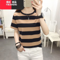 YIBUSHENG2024年新款装遮肚子宽松大码条纹短袖t恤女装正肩半袖0肩松宽 M建议90-105斤 913杏色