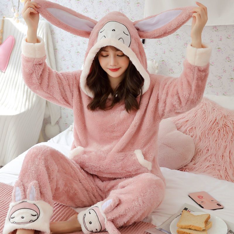 睡衣女冬韩版珊瑚绒学生卡通可爱加厚女士法兰绒长毛绒家居服套装