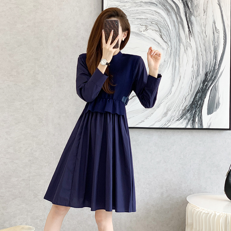 权小威 2022年新款韩版时尚气质名媛针织连衣裙女拼接长袖高腰A字毛衣裙子
