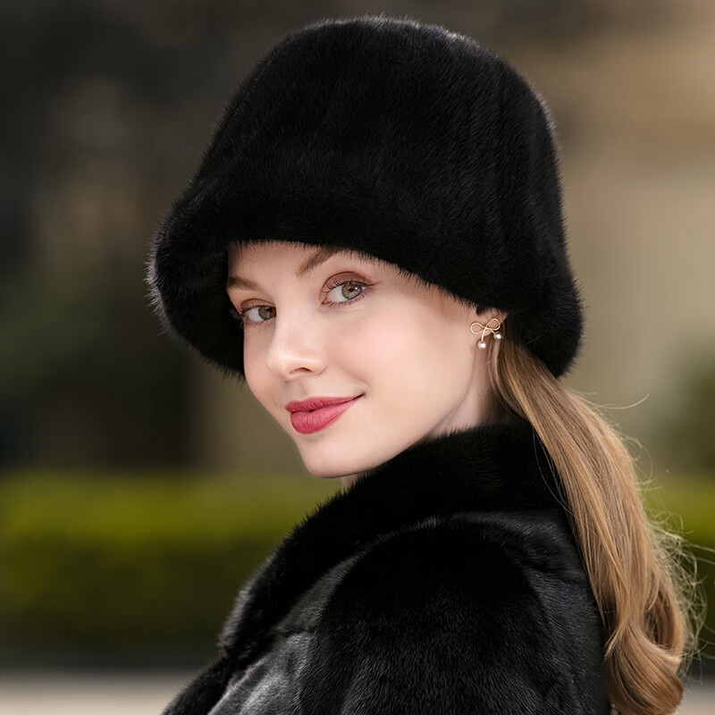 贝雷帽户外保暖水貂毛休闲逛街潮新款皮草帽子女秋冬优雅黑色均码