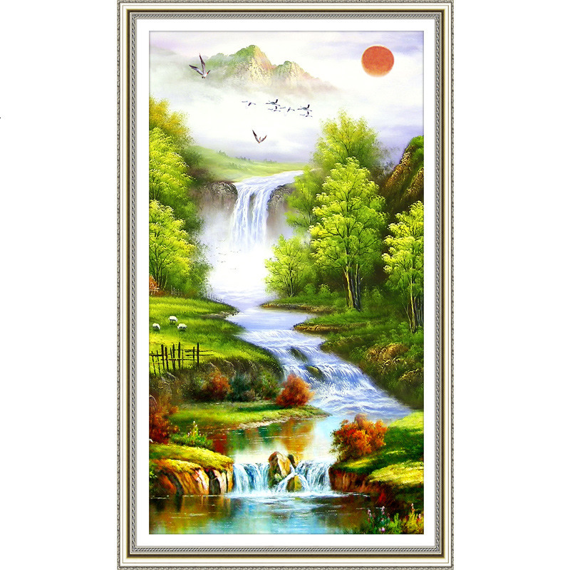 钻石画满钻新款流水生财竖版玄关山水风景画钻石绣十字绣2018新款