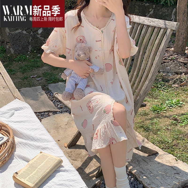 SHANCHAO夏季睡衣女款透气棉纱可爱卡通少女生睡裙甜美高级感家居服连衣裙