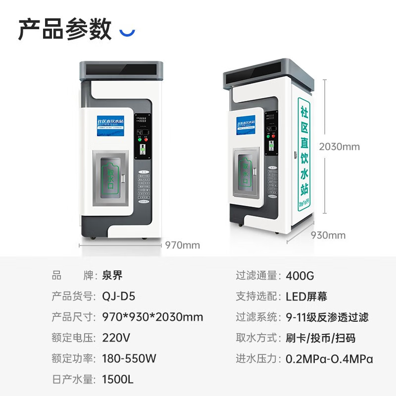 泉界 QJ-D5(400G)商用净水器 社区小区大流量立式水站 刷卡投币扫码RO反渗透过滤机