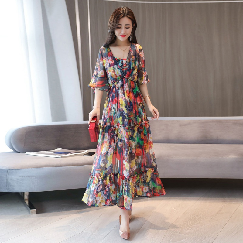 碎花连衣裙长款女士夏款新品女装雪纺印花裙子收腰显瘦仙女温柔裙