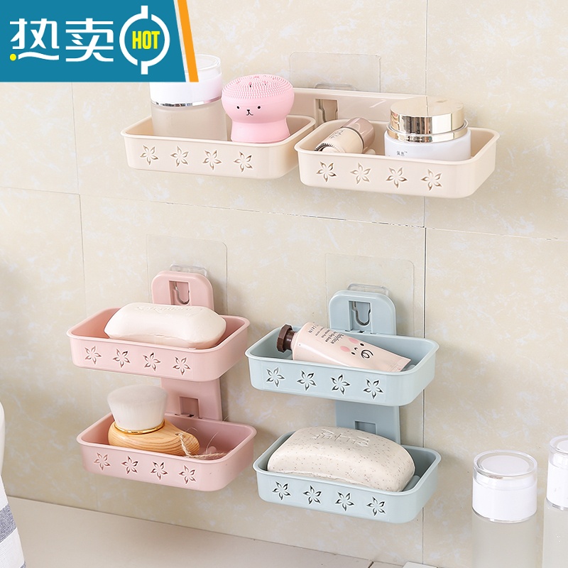 敬平创意双层肥皂盒壁挂沥水香皂盒静电贴式卫生间洗衣皂架免打孔 1个竖款粉色+1个竖款蓝色高清大图