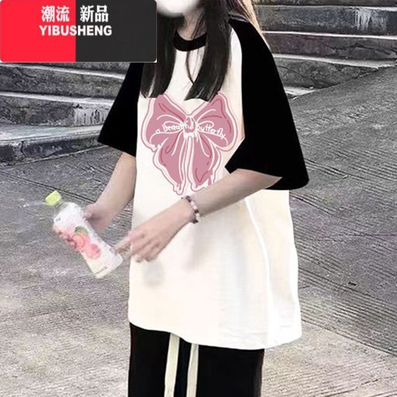 YIBUSHENG拼色短袖t恤女季新款黑白色插肩袖宽松显瘦学生小个子上衣 粉底蝴蝶结白上衣 L