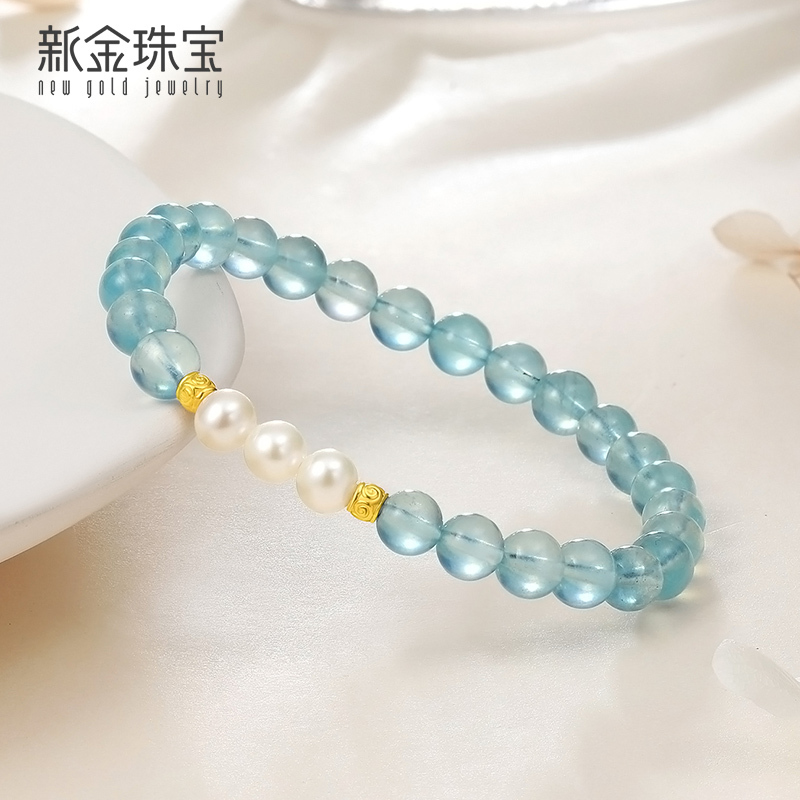 新金珠宝 黄金桶珠珍珠海蓝宝手串女 国潮文玩手链云水谣珠串饰品1042