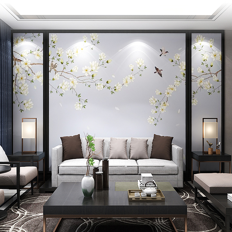 16d电视客厅背景墙壁画8d书房卧室无缝整张定制墙布墙纸中式古典鸟语