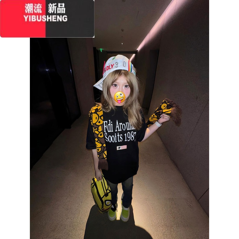 YIBUSHENG美式复古黑色短袖t恤女2024季设计感小众潮牌宽松半袖上袖高清大图