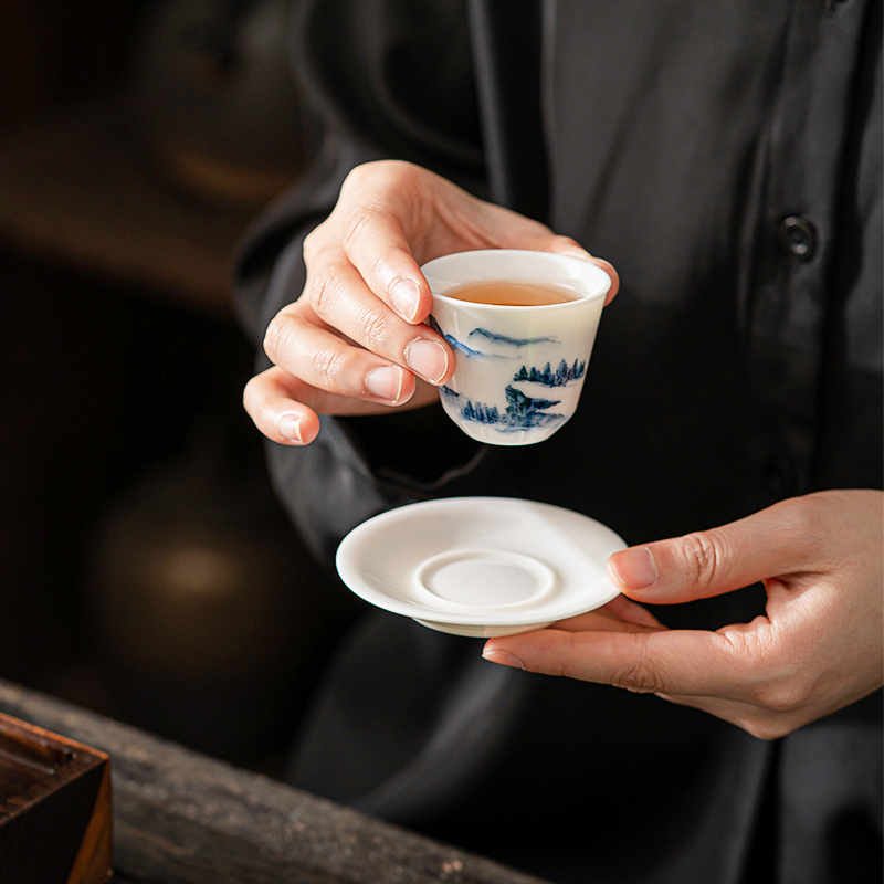 苏氏陶瓷(SUSHI CERAMICS)手绘羊脂玉茶具省级陶瓷艺术大师陈建瑞手工山水画三才盖碗礼盒装