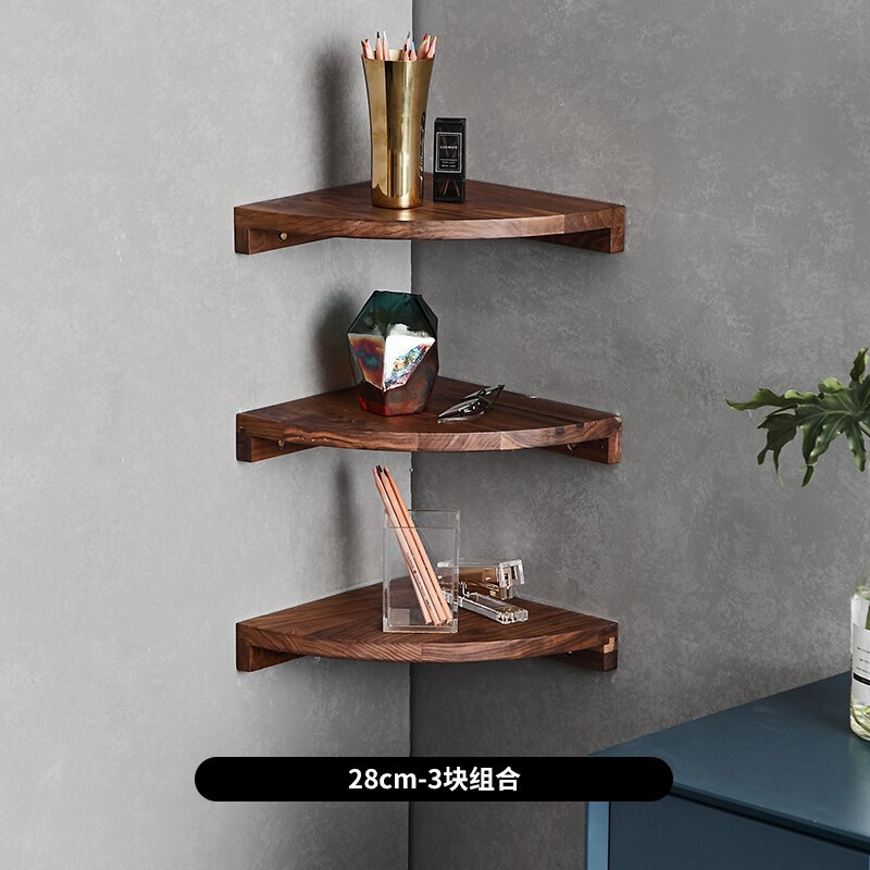 黑胡桃实木简易墙角转角储物架厨房墙上置物架扇形三角搁板壁挂式安心