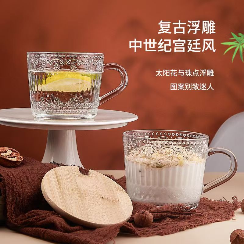 乐唯诗 早餐杯牛奶杯家用高颜值浮雕玻璃杯带盖+樱花勺—430ml高清大图