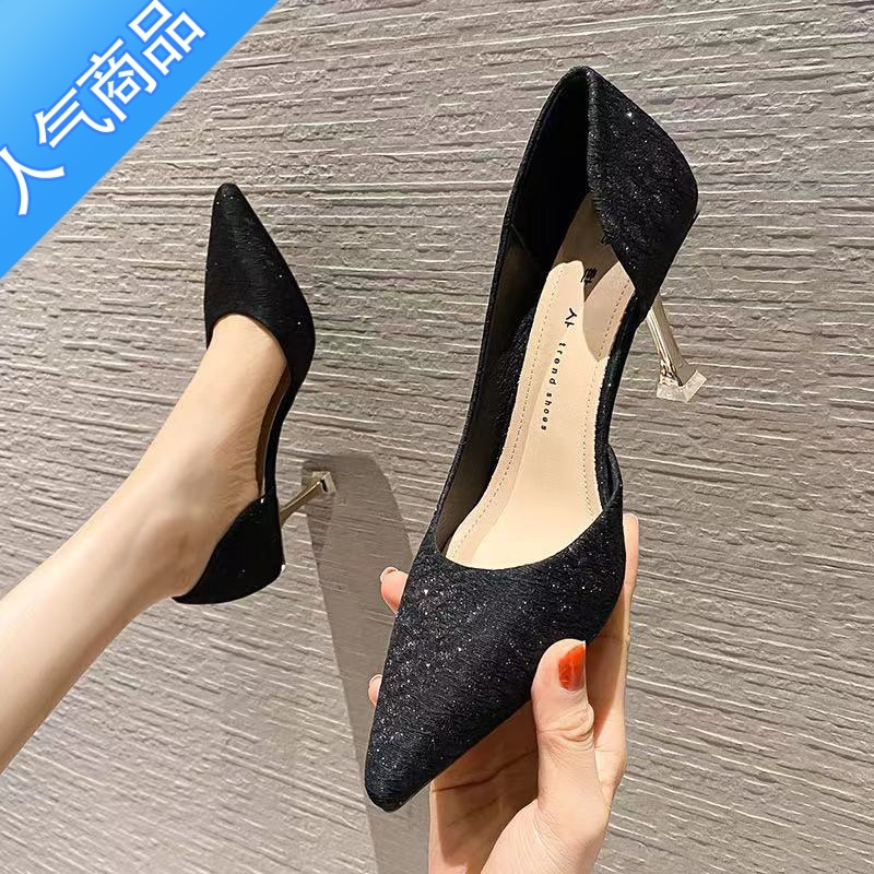 SUNTEK法式小众高跟鞋女2023春季新款侧空婚鞋韩版尖头性感时尚细跟单鞋