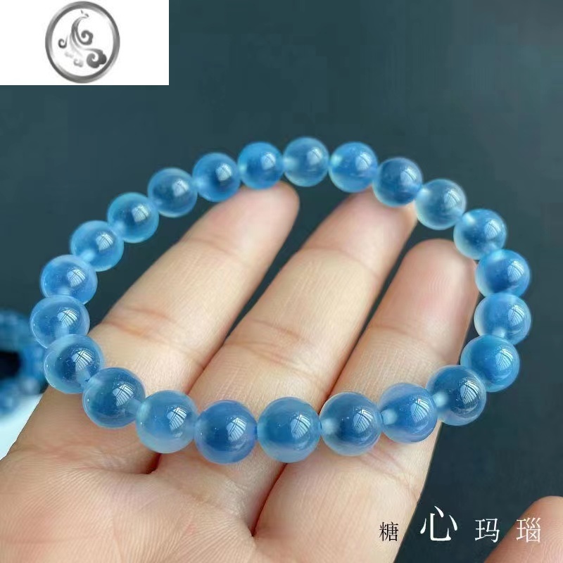 JiMi高品质糖心玛瑙手链冰透男女款蓝色水晶玉髓单圈圆珠手串饰品 海洋蓝