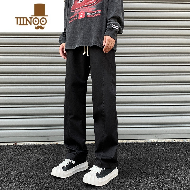 YANXU休闲裤男2023新款宽松设计感开叉直筒裤子高街vibe潮牌黑色长裤子高清大图