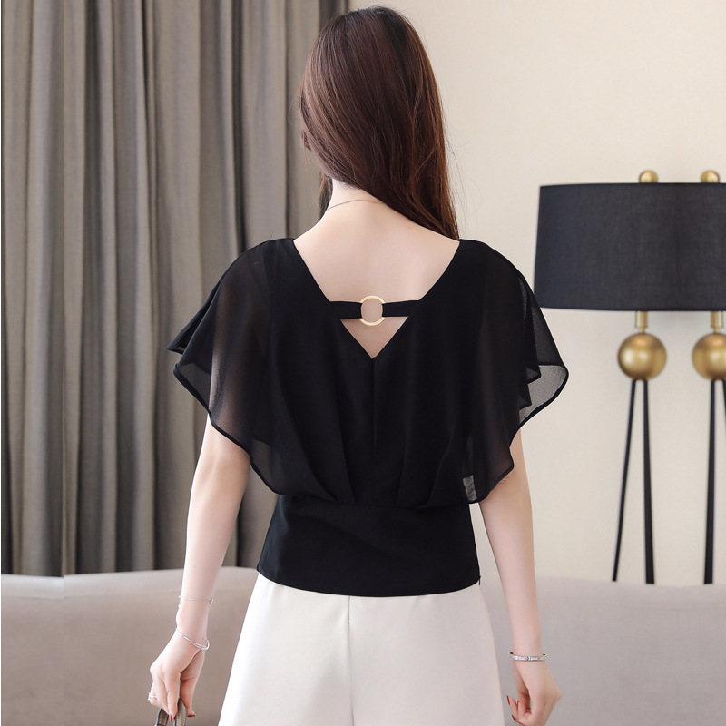 蝴蝶袖气质修身雪纺衫新款百搭雪纺衫v领超仙短袖上衣女