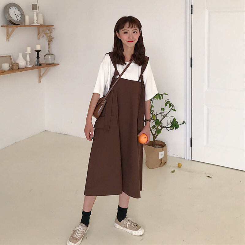 2018夏装韩版新款宽松纯色系带中长款背带裙女连衣裙长裙裙子学生卡其色均码