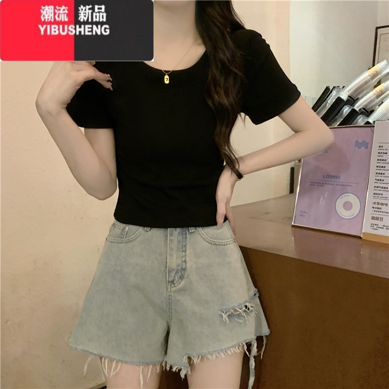 YIBUSHENG圆领正肩粉色t恤女短袖季美式修身短款高腰辣妹纯欲体恤上衣体 XL建议120-130斤 黑色