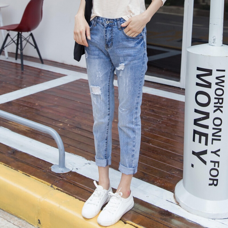 牛仔裤女士2017新款夏季浅色显瘦小脚哈伦裤女破洞直筒宽松九分裤高腰