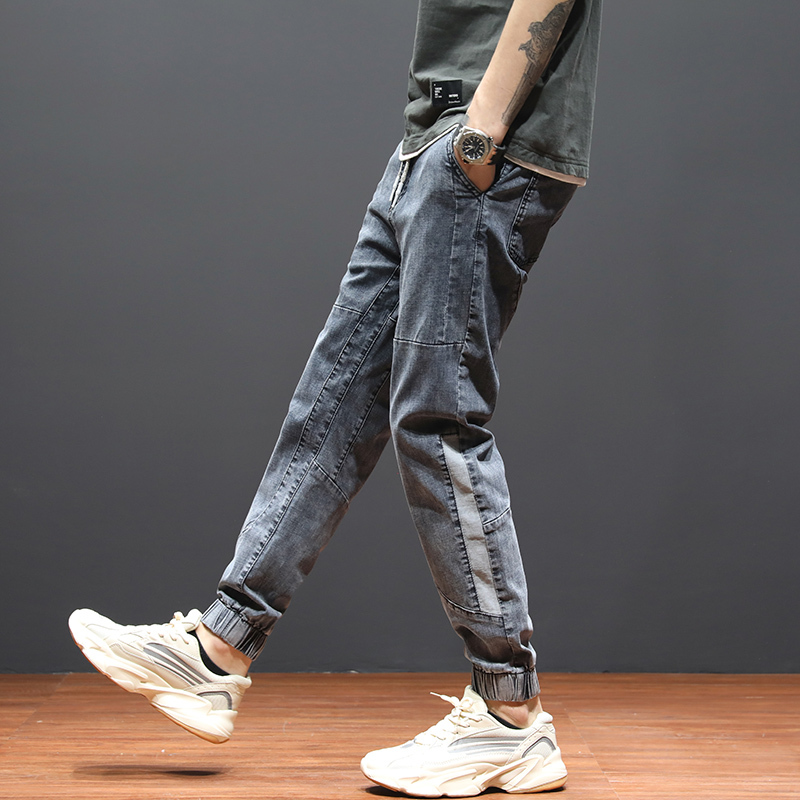 yuansu抽绳牛仔裤男松紧潮牌束脚裤男弹力宽松小脚男裤大码男士哈伦裤