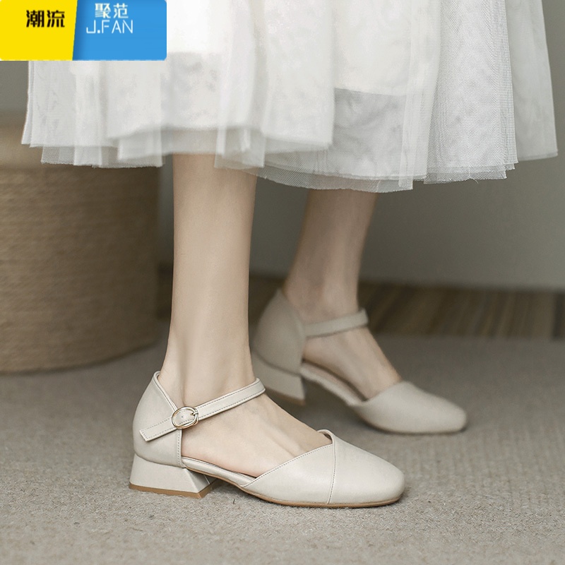 聚范包头凉鞋女2024春新款法式仙女风温柔配裙子中粗跟单鞋玛丽珍女鞋 杏色JLH-8160-6 30天无理由退换+180天保修