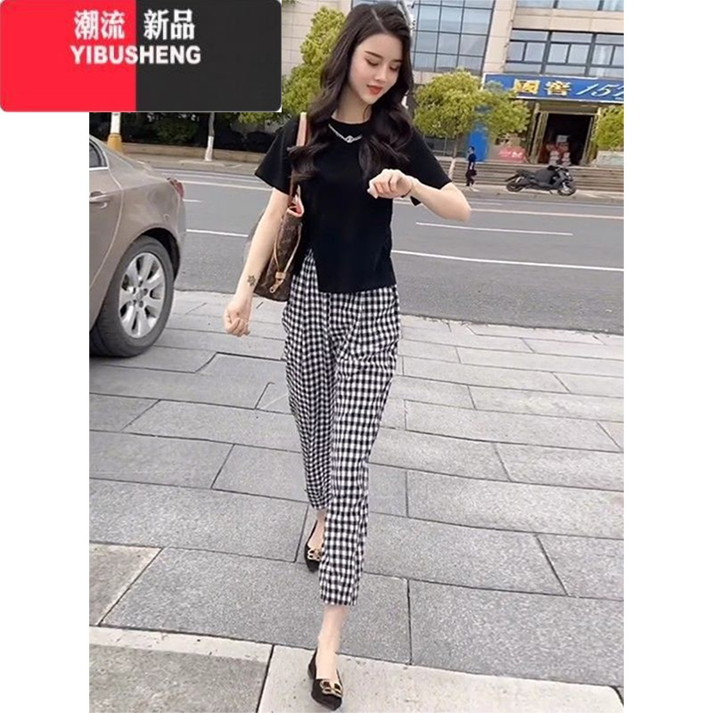 YIBUSHENG2024季新款大码显瘦哈伦休闲裤女梨型身材薄款宽松九分格子裤子