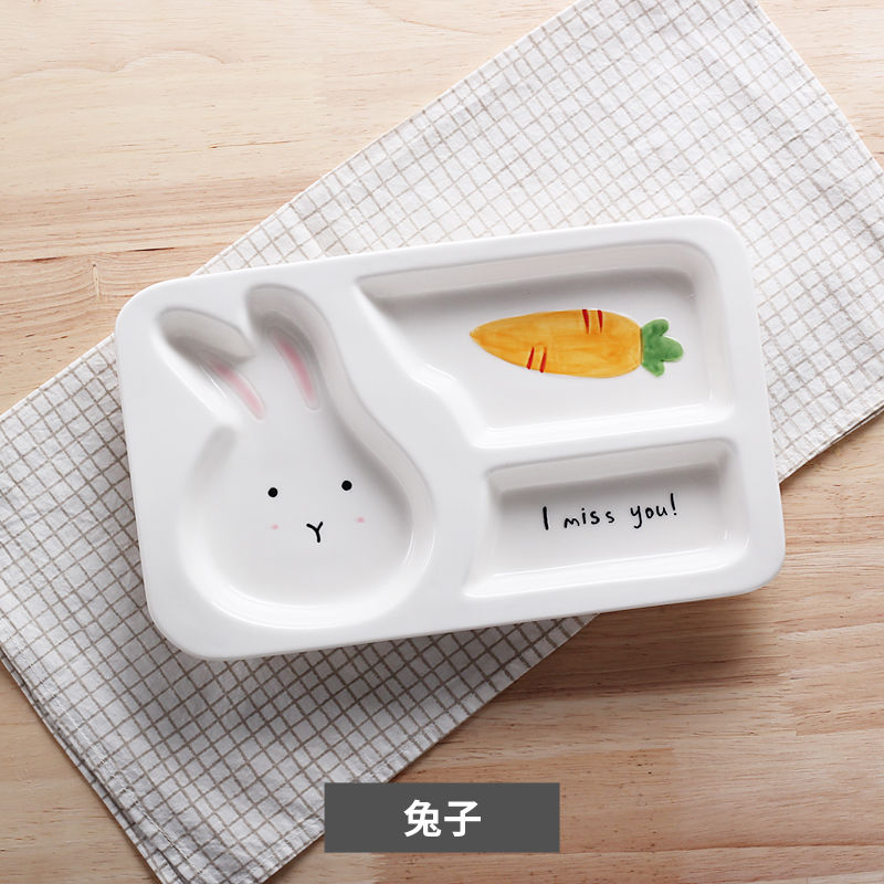 宝宝餐盘儿童餐具陶瓷创意饭盘卡通水果盘子碗小猪家用分隔分格盘 (134)粉红兔分格盘