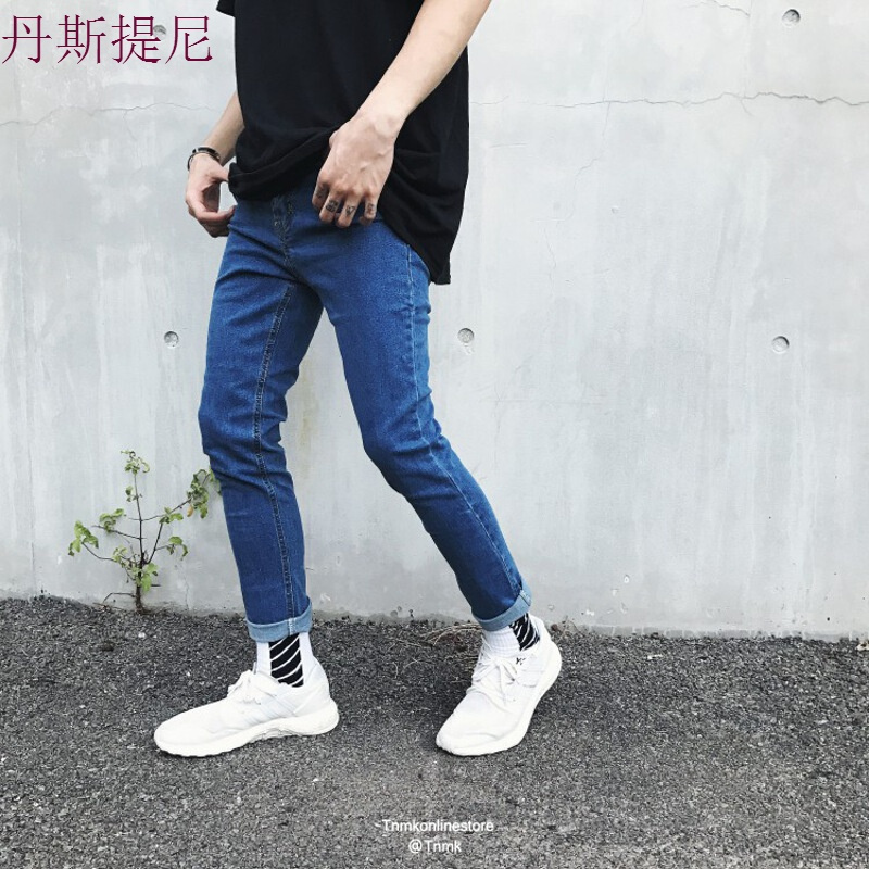 港风日系潮牌小脚修身牛仔九分裤青少年学生9分裤水洗春秋休闲裤