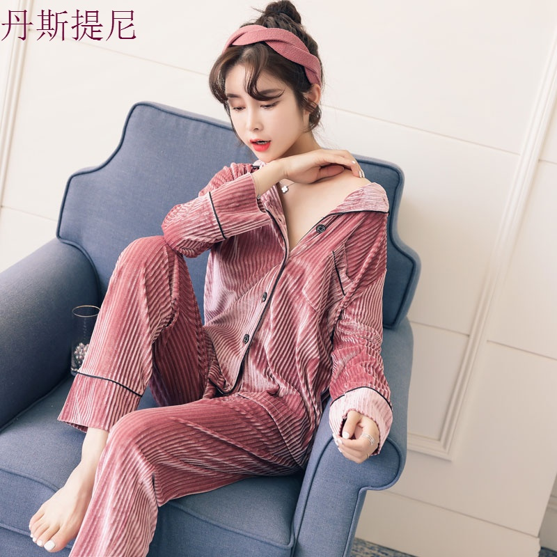 秋冬季金丝绒睡衣女长袖甜美性感公主薄款珊瑚绒家居服套装可外穿