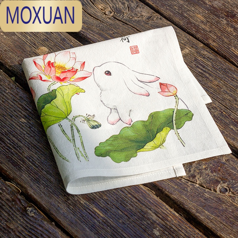 moxuan定制古风手帕女士随身小方巾手绢吸汗手绘荷花月兔送女生夏季