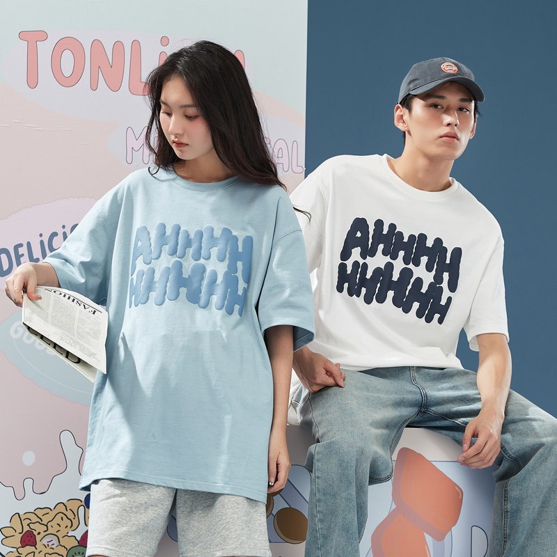 唐狮夏季新款情侣装夏装短袖t恤男宽松ins半袖女圆领衣服潮视频