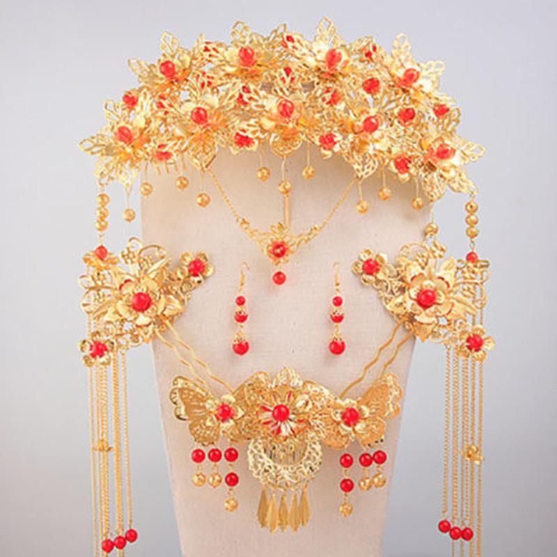 中式汉服新娘头饰套装流苏龙凤褂古风发饰结婚红色古装秀禾服凤冠