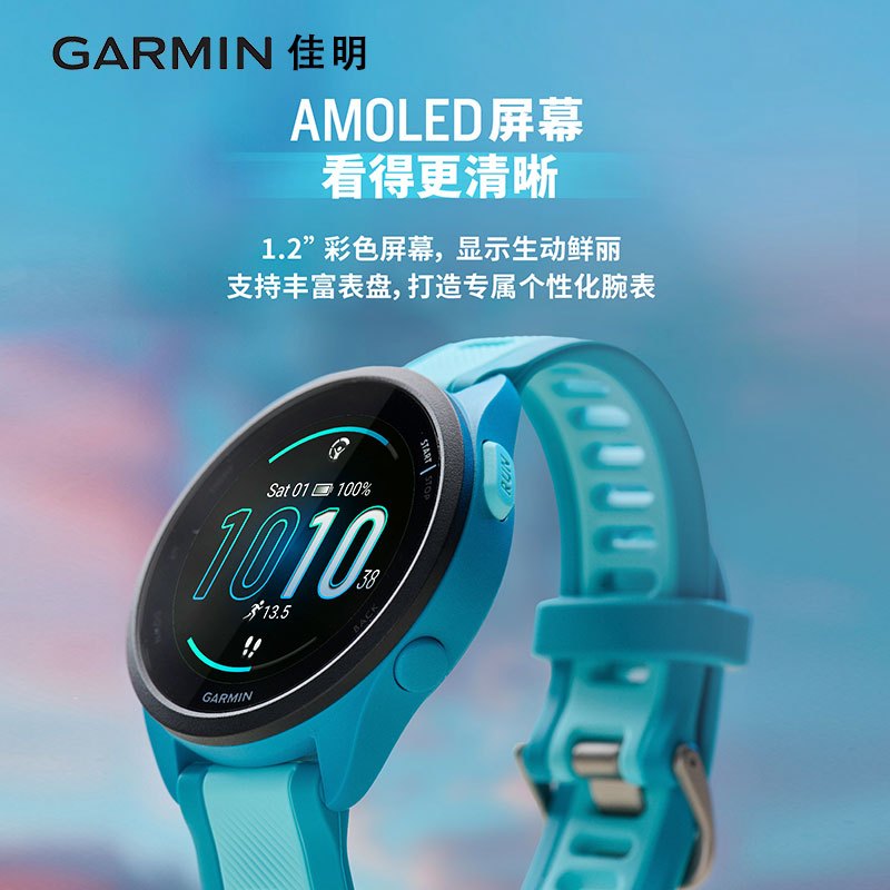 佳明(Garmin)Forerunner 165新款智能触屏跑步游泳骑行多星定位心率血氧检测运动手表音乐版-极光蓝