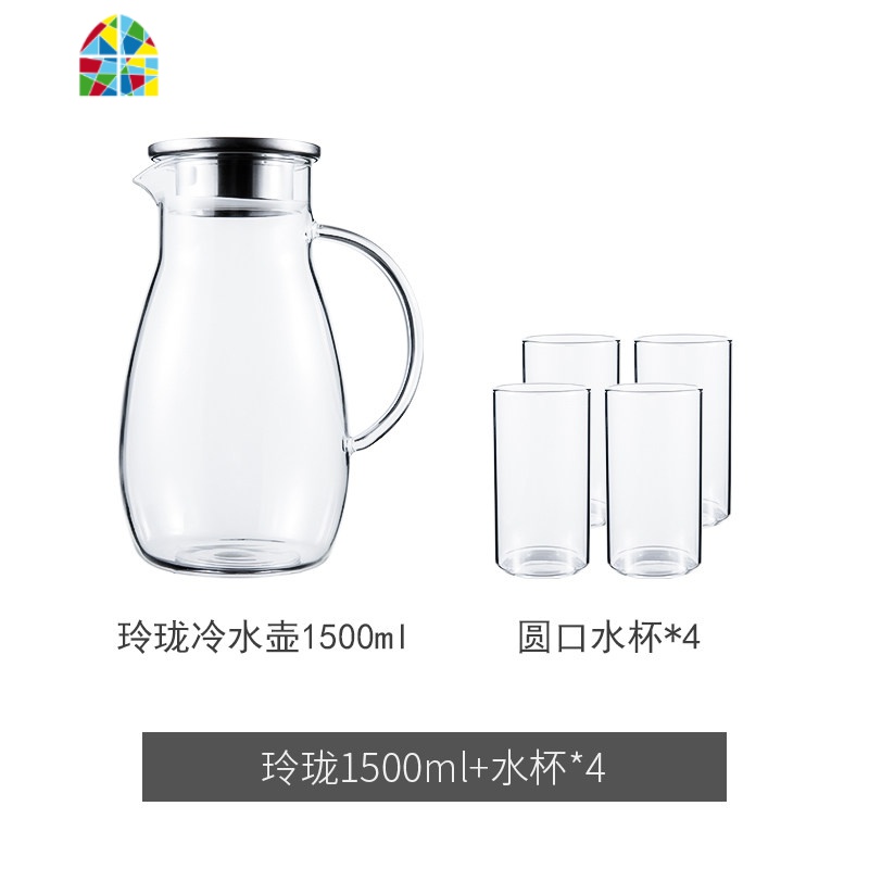 冷水壶凉水壶大容量透明玻璃水壶可高温防爆家用凉水杯冷水杯 FENGHOU 玲珑冷水壶1500ML+4个圆口水杯高清大图